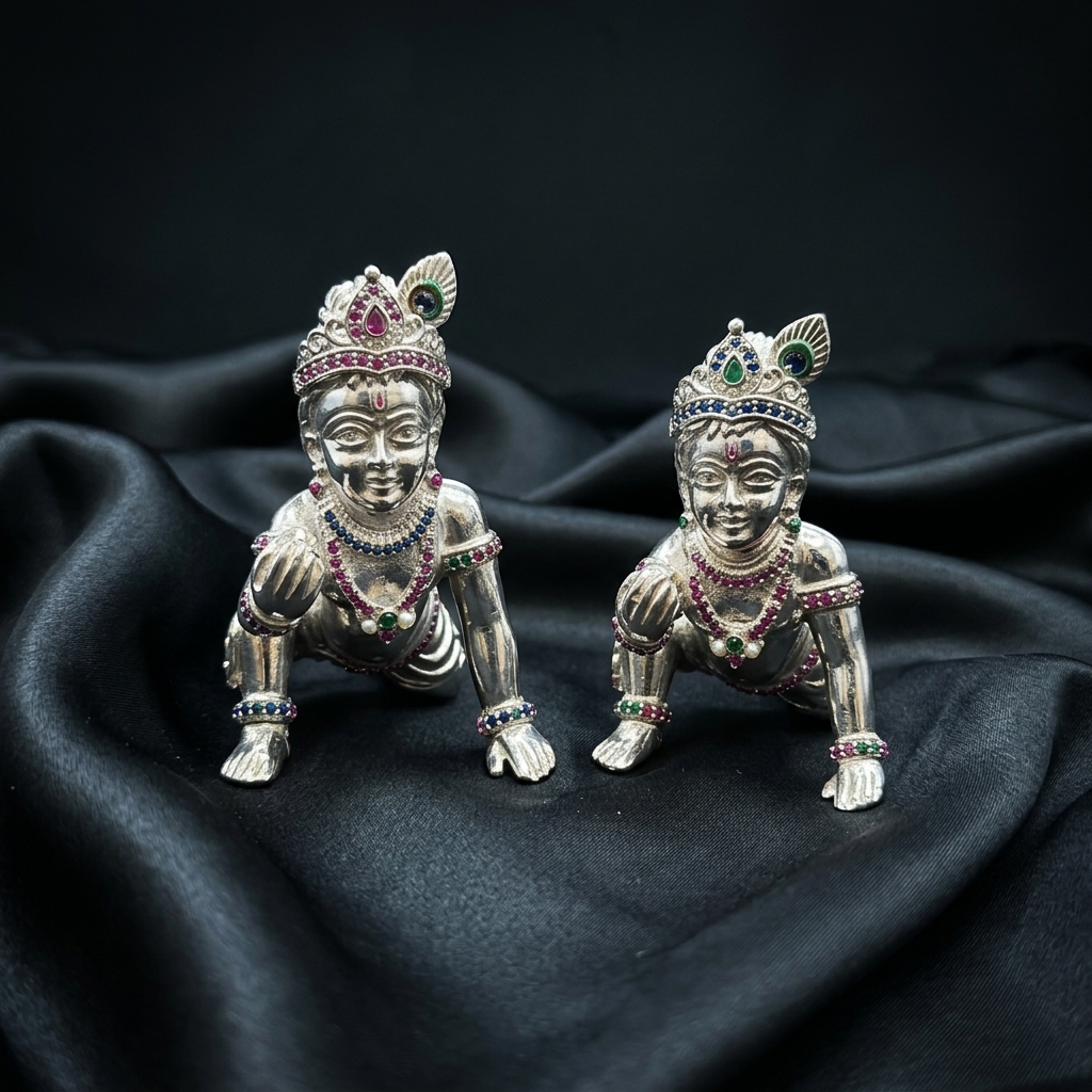 Silver Baby Krishna Figurine Pair